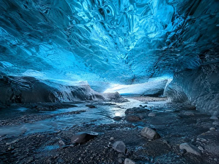 Bright blue interior of a Vatnajökull crystal cave
