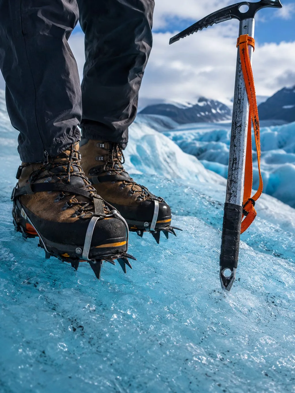 Hiking boots with crampons on ice, ready for a glacier walk
